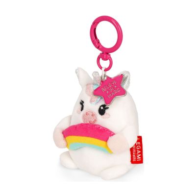 Einhorn-Plüsch-Schlüsselanhänger, leicht seitlich mit Schlüsselring gezeigt.