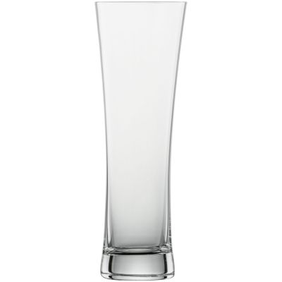 Leeres schlankes Beer-Basic-Weizenbierglas mit leicht ausgestelltem Rand und stabilem Glasboden auf weißem Hintergrund.