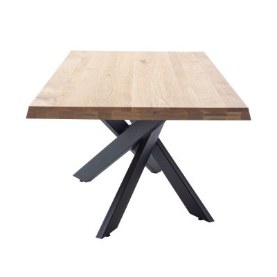Esstisch mit massiver Holzplatte und schwarzem X Gestell aus Stirnansicht