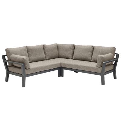 Ecksofa in L Form mit gepolsterten Sitz und Rückenkissen sowie Armlehnen, Ansicht von vorne