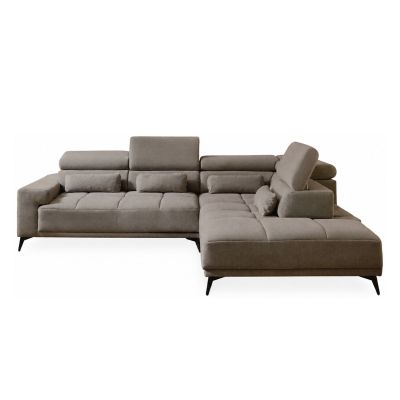 Hellgraues Ecksofa mit Ottomane rechts, einzeln verstellbaren Kopfstützen, Rückenkissen und schwarzen Metallfüßen