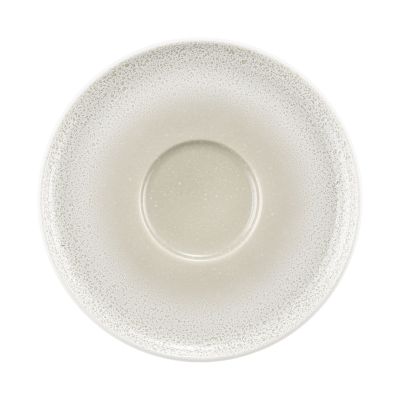 Untertasse in Grau-Beige. rund mit gesprenkeltem Rand und Tassenmulde. Ansicht: Draufsicht.