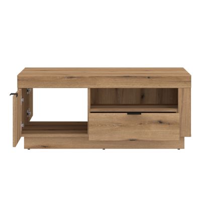 Delamar Couchtisch in Eiche Artisan mit geöffneter Tür, geräumiger Schublade und offenem Ablagefach für zusätzlichen Stauraum im Wohnzimmer
