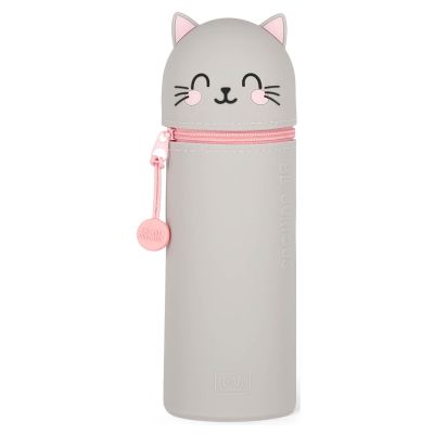 Graues 2-in-1-Silikon-Federmäppchen im Katzen-Design, geschlossen und aufrecht als Tierfigur dargestellt.