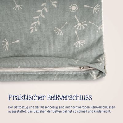 Nahaufnahme des Reißverschlusses am Deckenbezug mit sichtbarem Pusteblumenmuster