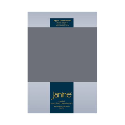 Front der Verpackung des Janine Topper-Spannbetttuchs 5001 in Opalgrau mit blauem Janine-Etikett und grauer Farbfläche.