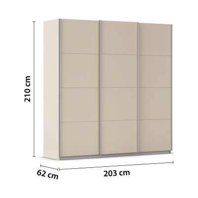 Champagnerfarbener Kleiderschrank mit eingezeichneten Maßen Höhe 210 cm Breite 203 cm Tiefe 62 cm