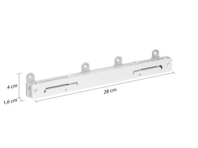 Eine silberfarbene Metallleiste mit Befestigungspunkten liegt auf weißem Hintergrund, daneben sind Maßangaben mit 4 cm Höhe, 1,6 cm Tiefe und 28 cm Länge angegeben