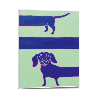 Frontansicht des Wandbilds „Long Dachshund“ in Blau, Größe 40 × 50 cm; das vollständige Motiv ist zu sehen.