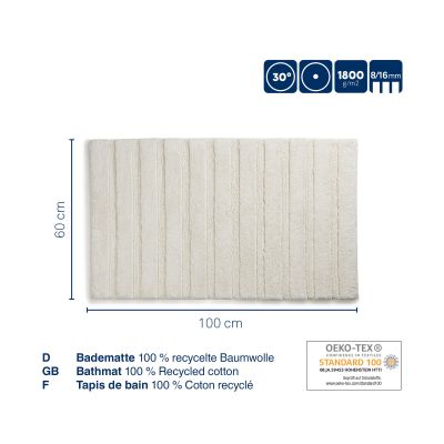 Offwhite Darstellung der Megan-Badematte mit Maßlinien für 60 × 100 cm sowie Pflege- und Baumwollhinweisen.