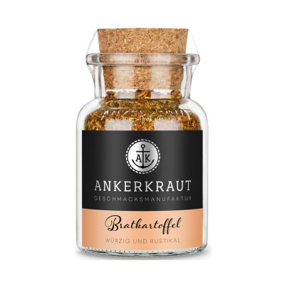 Ankerkraut Bratkartoffel-Gewürz in einem niedrigen Glas mit Korkverschluss und schwarzem Etikett mit beigefarbenem Schriftfeld.