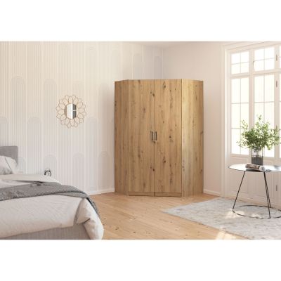 Eckschrank im Dekor Eiche Artisan, platziert in einem modernen Schlafzimmer