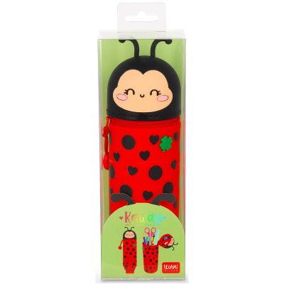 Rotes 2-in-1-Silikon-Federmäppchen im Marienkäfer-Design, in einer grünen Fensterverpackung abgebildet.