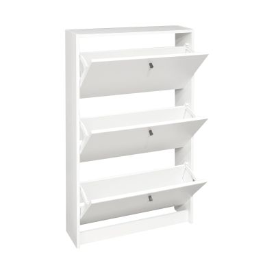 Weißer Schuhschrank in schräger Perspektive mit geöffneten Klappen, moderne und funktionale Schuhaufbewahrung