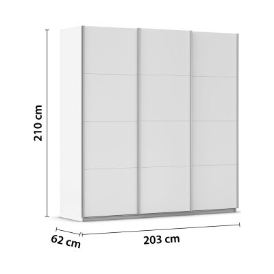 Weißer Kleiderschrank mit eingezeichneten Maßen Höhe 210 cm Breite 203 cm Tiefe 62 cm