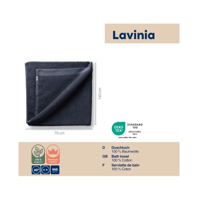 Informationsgrafik mit tiefseeblauem Duschtuch Lavinio und ergänzenden Angaben zu Material und Produkteigenschaften