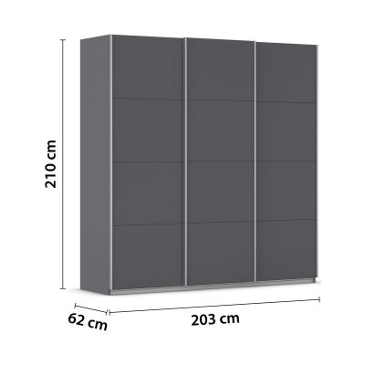 Grau-Metallicer Schwebetürenschrank mit eingezeichneten Maßen Höhe 210 cm Breite 203 cm und Tiefe 62