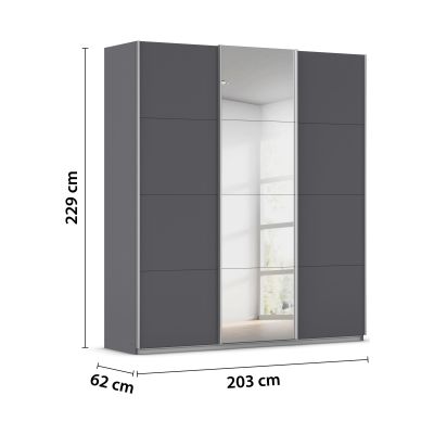 Grau-Metallicer Kleiderschrank mit eingezeichneten Maßen Höhe 229 cm Breite 203 cm Tiefe 62 cm