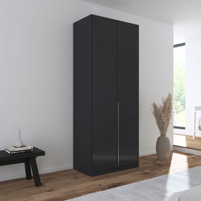 Grau-Metallicer Kleiderschrank in einem hell eingerichteten Schlafzimmer mit Holzfußboden und moderner Einrichtung