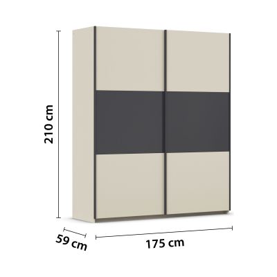Schwebetürenschrank mit Champagner-Absetzung und Front in Grau Metallic, in Schrägansicht mit eingeblendeten Maßen gezeigt.