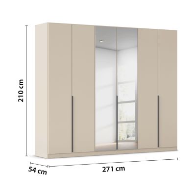 Champagnerfarbener 6-türiger Kleiderschrank mit Spiegel und Maßangaben 271 cm Breite, 210 cm Höhe und 54 cm Tiefe
