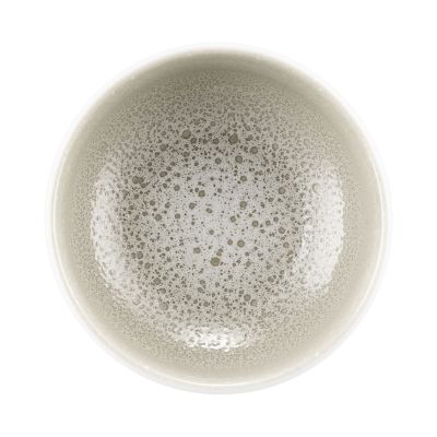 Schale in Weiß und Grau-Beige. weiße Außenseite und gesprenkelter Innenraum. Ansicht: Draufsicht.
