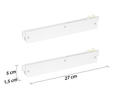 Zwei parallele weiße Metallleisten liegen auf weißem Hintergrund, daneben sind Maßangaben mit 5 cm Höhe, 1,5 cm Tiefe und 27 cm Länge angegeben