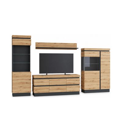 Wohnkombination Coast mit TV-Unterteil, Wandboard und zwei Vitrinen in Evoke Eiche mit Absetzungen in Kosmos Grau