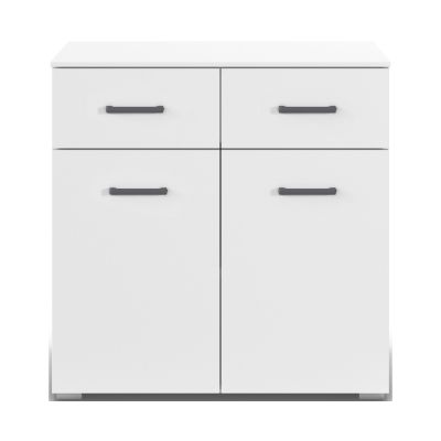 Frontale Ansicht eines weißen Sideboards mit zwei Schubläden, zwei Türen und grauen Griffen