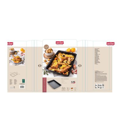 Komplett aufgefaltete Verpackung einer Zenker Brat und Grillform mit Produktbildern und Detailinformationen