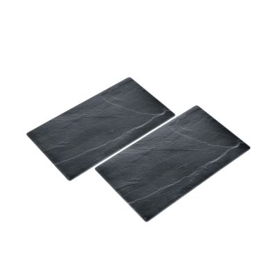 Herdabdeckplatte 52x30x0,5cm Life Style: zwei rechteckige dunkle Herdabdeckplatten mit heller Schieferstruktur überlappend auf weißem Hintergrund.