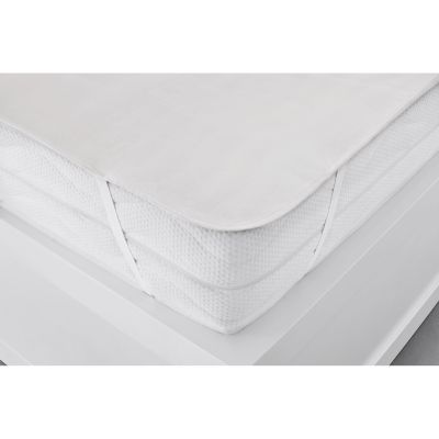 Nahaufnahme der Moltonauflage Luna in Creme an einer Matratzenkante; der seitliche Halt und die Stoffkante sind sichtbar; Größe 90 x 200 cm.