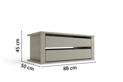 Rechteckige Kommode in naturfarbener Leinenoptik mit zwei Schubladen, daneben Maßangaben 45 cm Höhe, 50 cm Tiefe und 88 cm Breite