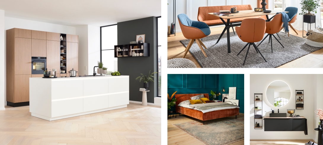 Modernes Interieur-Collage mit Küche, Essbereich, Schlafzimmer und Badezimmer, alle mit zeitgenössischen Möbeln und Dekor.