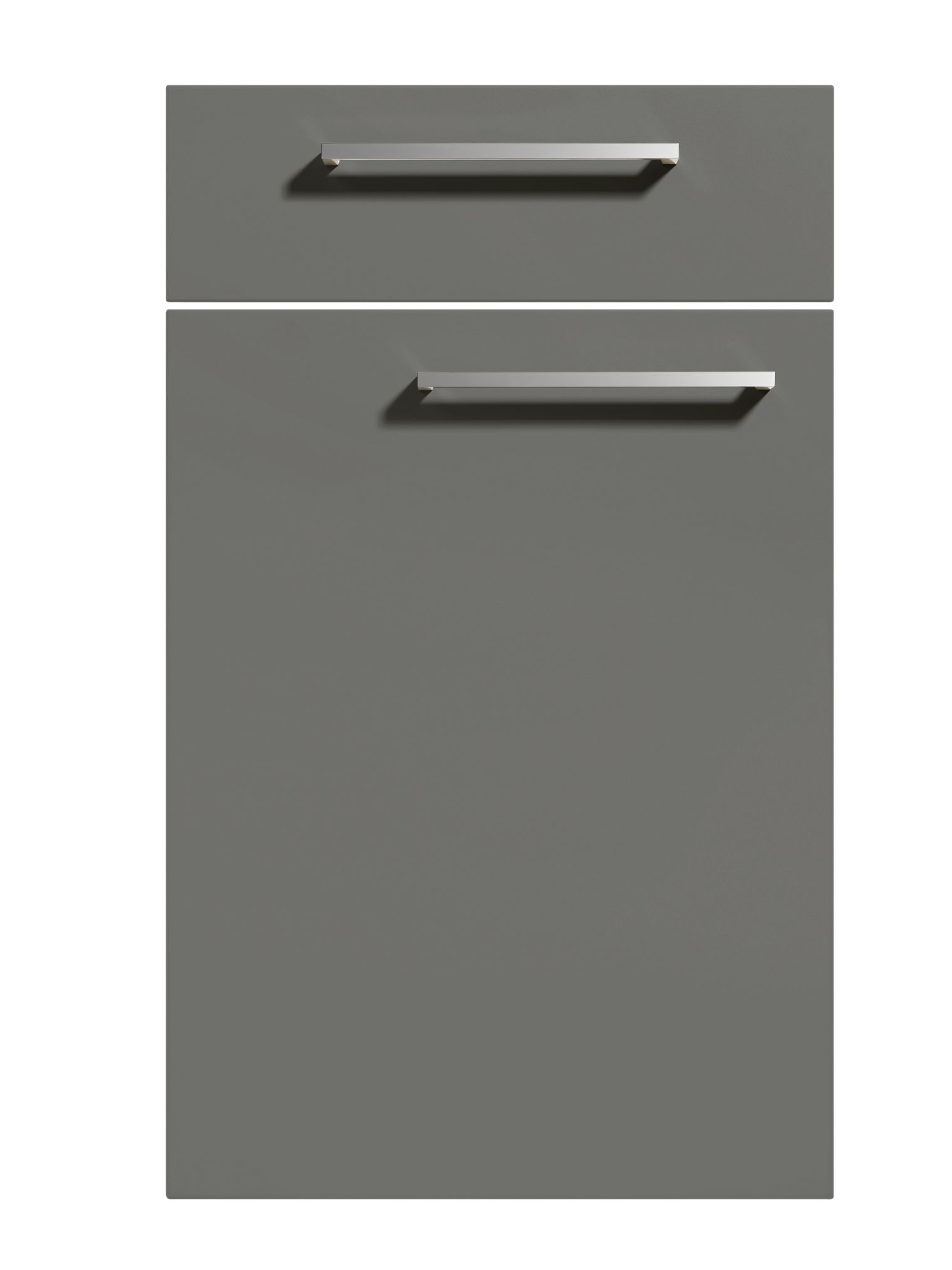 Eine moderne, graue Küchenschranktür von Möbel Gruber mit eleganten silbernen Griffen auf weißem Hintergrund.