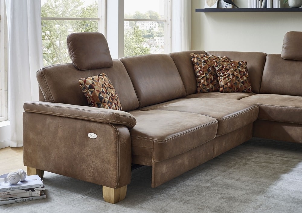 Braunes Ledersofa von Möbel Gruber mit gemusterten Kissen in einem hellen Raum mit großen Fenstern und einem hellen Teppich.