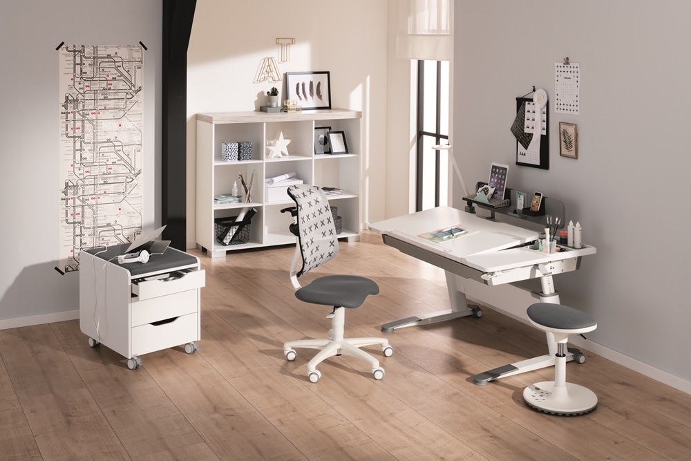 Modernes Arbeitszimmer mit Schreibtisch, ergonomischem Stuhl, Regalen und Dekor von Möbel Gruber. Heller Holzboden und eine Wandkarte.