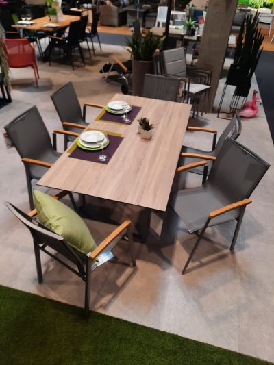 Die Gartengruppe von Möbel Gruber: modernes Esstisch-Set mit sechs Stühlen, edlem Gedeck und Pflanze im Showroom.