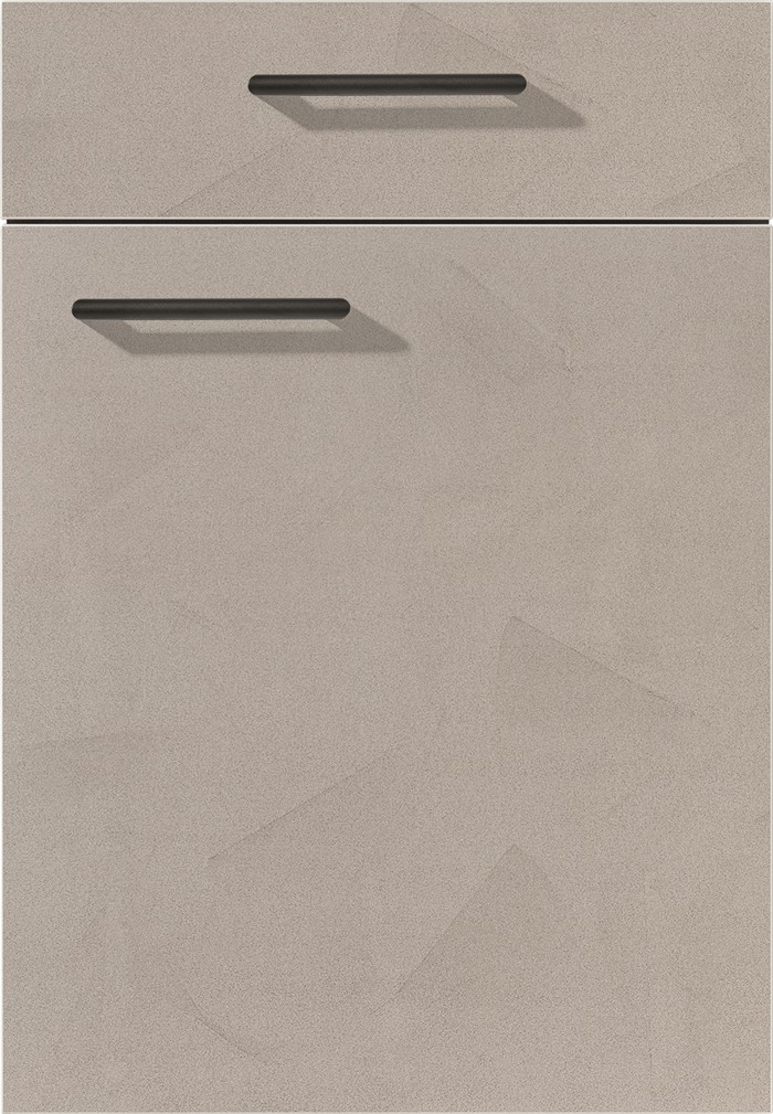 Nahaufnahme von zwei beige strukturierten Schubladen von Möbel Gruber mit schwarzen Griffen.