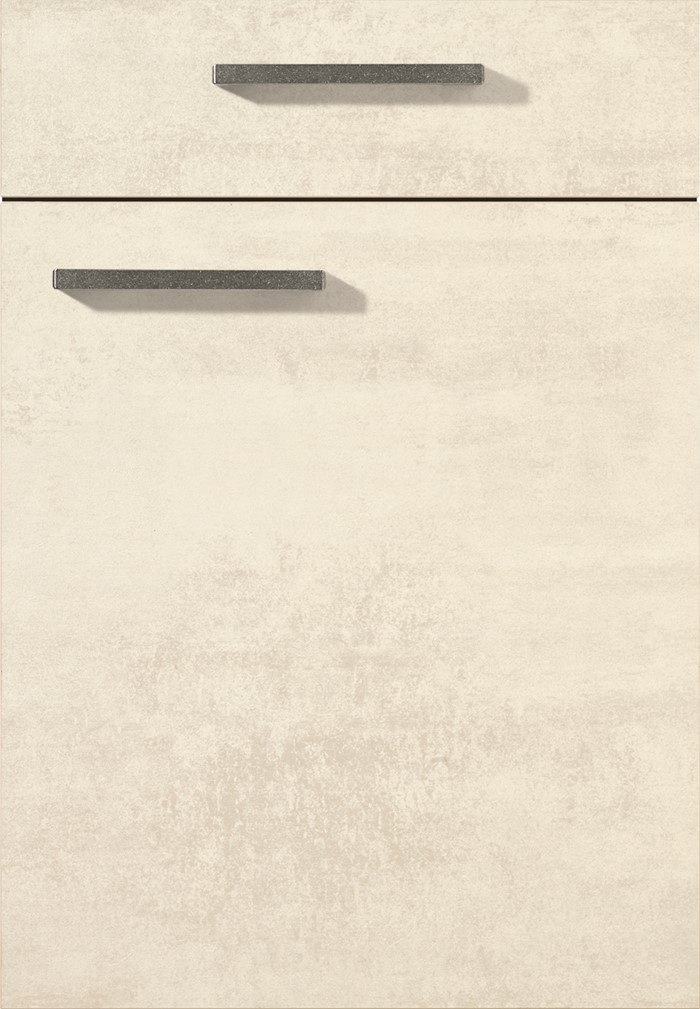 Ein beiger Küchenschrank von Möbel Gruber mit schwarzen horizontalen Griffen, der ein minimalistisches und modernes Design zeigt.