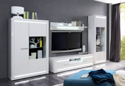 Modernes Wohnzimmer mit Wohnwand, hohen Schränken, Büchern und Dekor vor einer dunklen Wand. Durch das große Fenster sieht man Grünpflanzen.