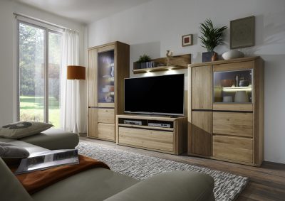 Modernes Wohnzimmer von Möbel Gruber mit Wohnkombination – Wohnwand, TV, Vitrinen, Sofa, großes Fenster, Teppich und Pflanzen.