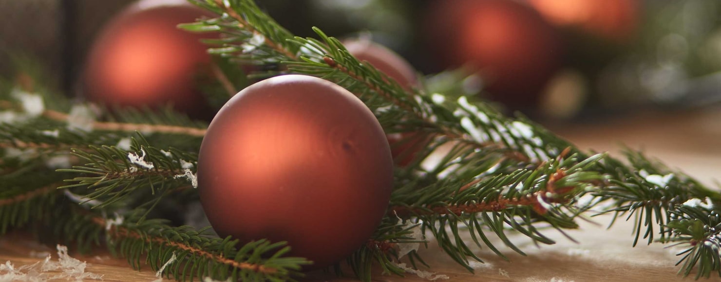 Eine Nahaufnahme von roten Weihnachtsdekorationen in immergrünen Zweigen, die an eine Weihnachtsszene von Möbel Gruber erinnern.