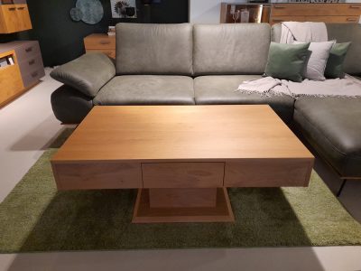 Ein modernes Wohnzimmer von Möbel Gruber mit einem grauen Ledersofa, einem Kitzalm-Couchtisch und einem grünen Teppich mit gemütlichen Akzenten.