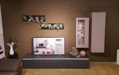 Modernes Wohnzimmer mit der Wohnwand von Gallery M mit Hängeschrank, niedrigem TV-Ständer, Dekopflanzen und einer Box „PARIS“.