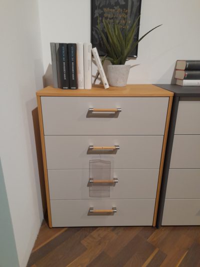 Eine Kommode von Möbel Gruber mit Büchern und einer Topfpflanze darauf, vor einer weißen Wand auf einem Holzboden.