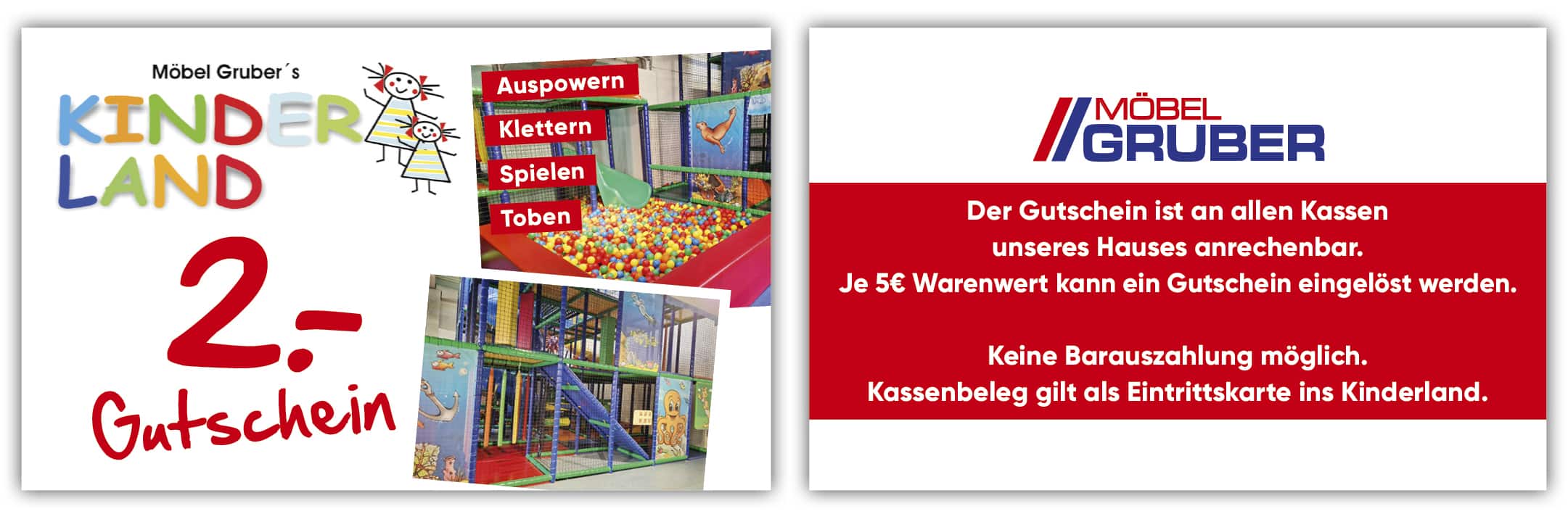 Farbenfroher Spielbereich mit Klettergerüsten und Bällebad; Text zu einem 2-Euro-Gutschein für das Kinderland von Möbel Gruber.