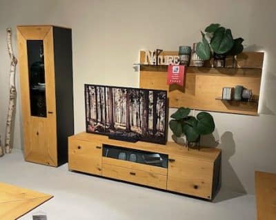 Modernes Wohnzimmer mit Interliving Wohnwand, einem Fernseher mit Waldszene und Pflanzen auf Regalen.