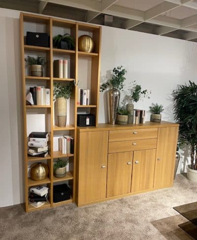 Eine Highboardkombination von Möbel Gruber, gefüllt mit Büchern, Pflanzen und Dekor, steht neben einem Schrank in einem mit Teppich ausgelegten Raum.